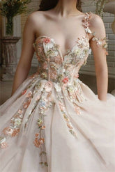 Classy One Shoulder Prom Dress in Tulle with Flowers Split